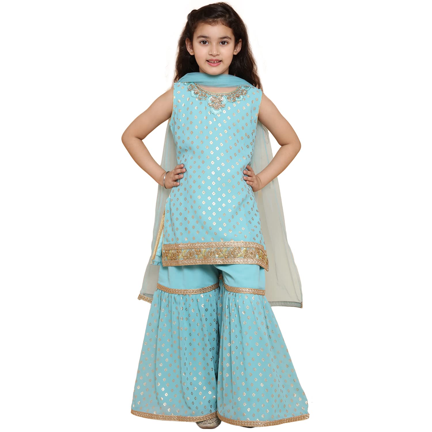 Adiva Kids Turquoise Georgette Kurta Sharara Set