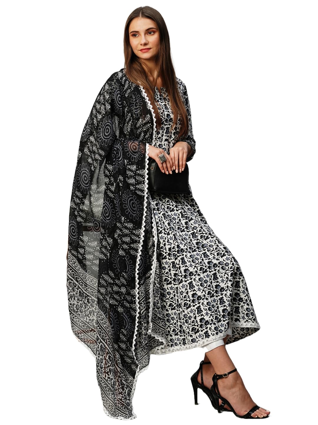 GoSriKi Women's Black Anarkali Kurta Set